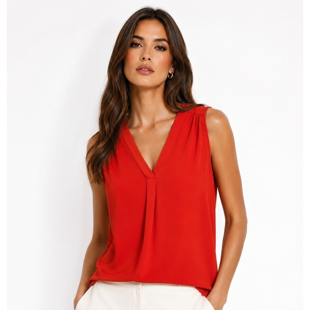Vince Camuto Womens PXS Red Tart V-Neck Sleeveless Pleated Blouse NWT